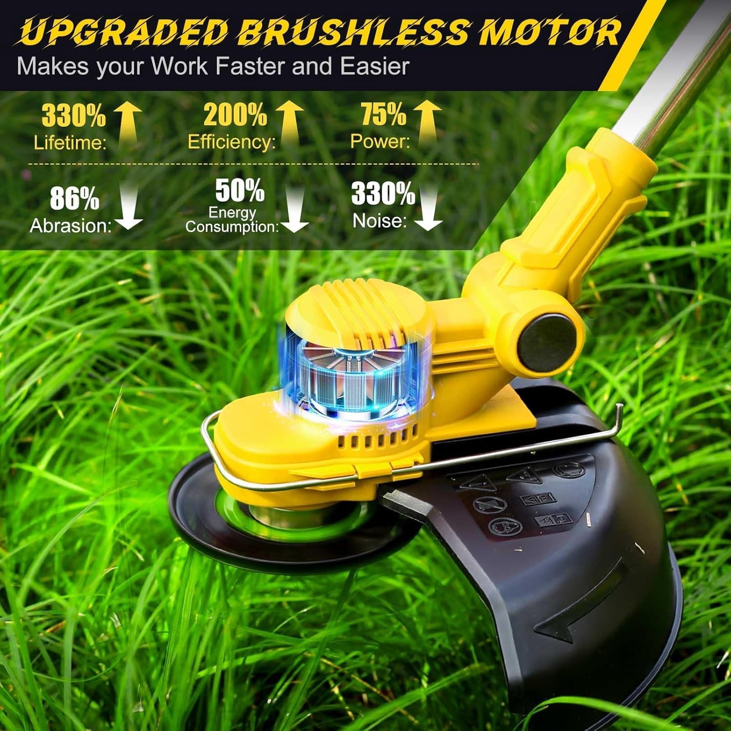 Lawn Trimmer with Battery and Weed Brush, Cordless Grass Trimmer with 5 Types of Blades, 21 V Brushless Brush Cutter Battery (2 x 4.0 Ah), Adjustable Handle, 90° Rotating Head for Garden Trimming