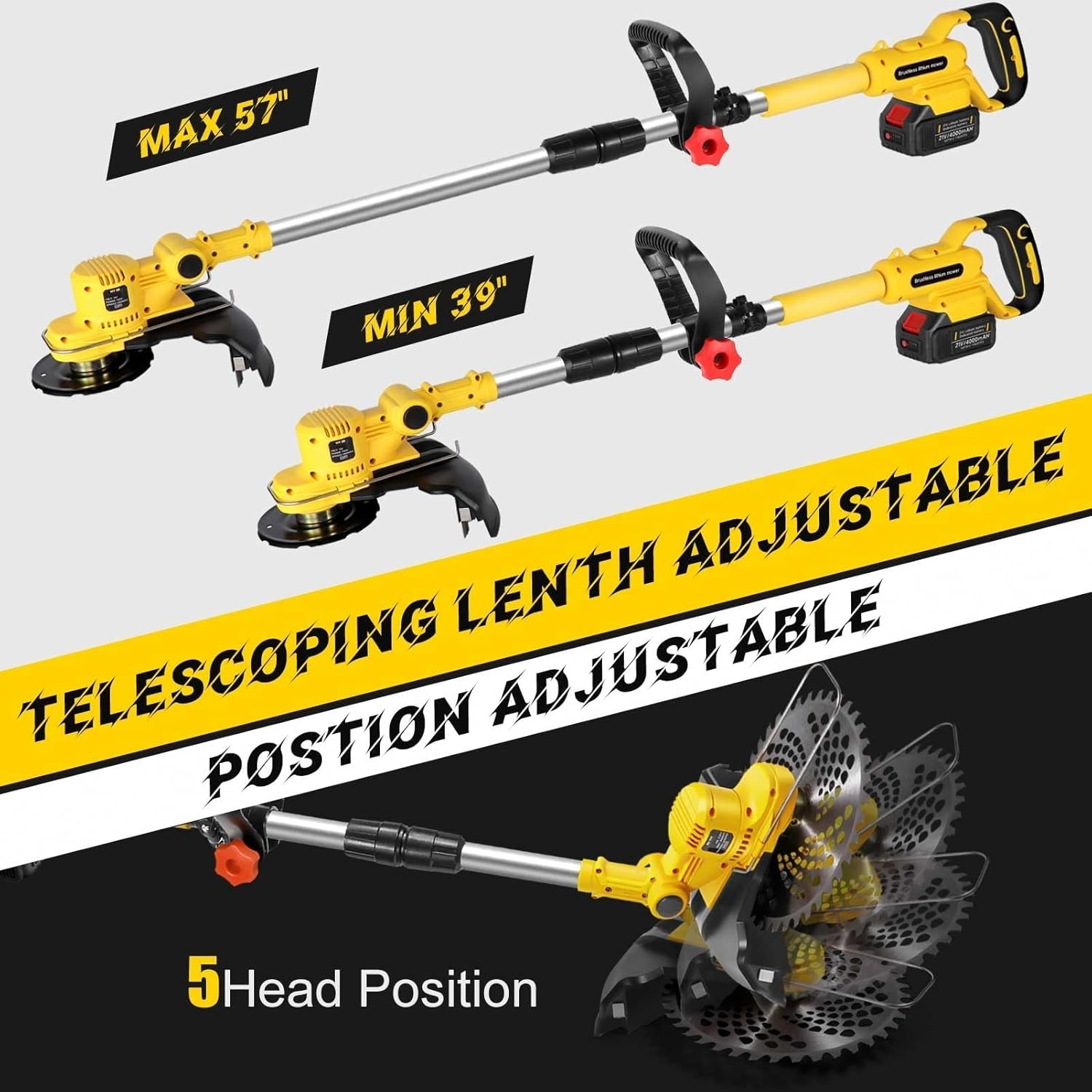 Lawn Trimmer with Battery and Weed Brush, Cordless Grass Trimmer with 5 Types of Blades, 21 V Brushless Brush Cutter Battery (2 x 4.0 Ah), Adjustable Handle, 90° Rotating Head for Garden Trimming