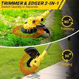 Lawn Trimmer with Battery and Weed Brush, Cordless Grass Trimmer with 5 Types of Blades, 21 V Brushless Brush Cutter Battery (2 x 4.0 Ah), Adjustable Handle, 90° Rotating Head for Garden Trimming
