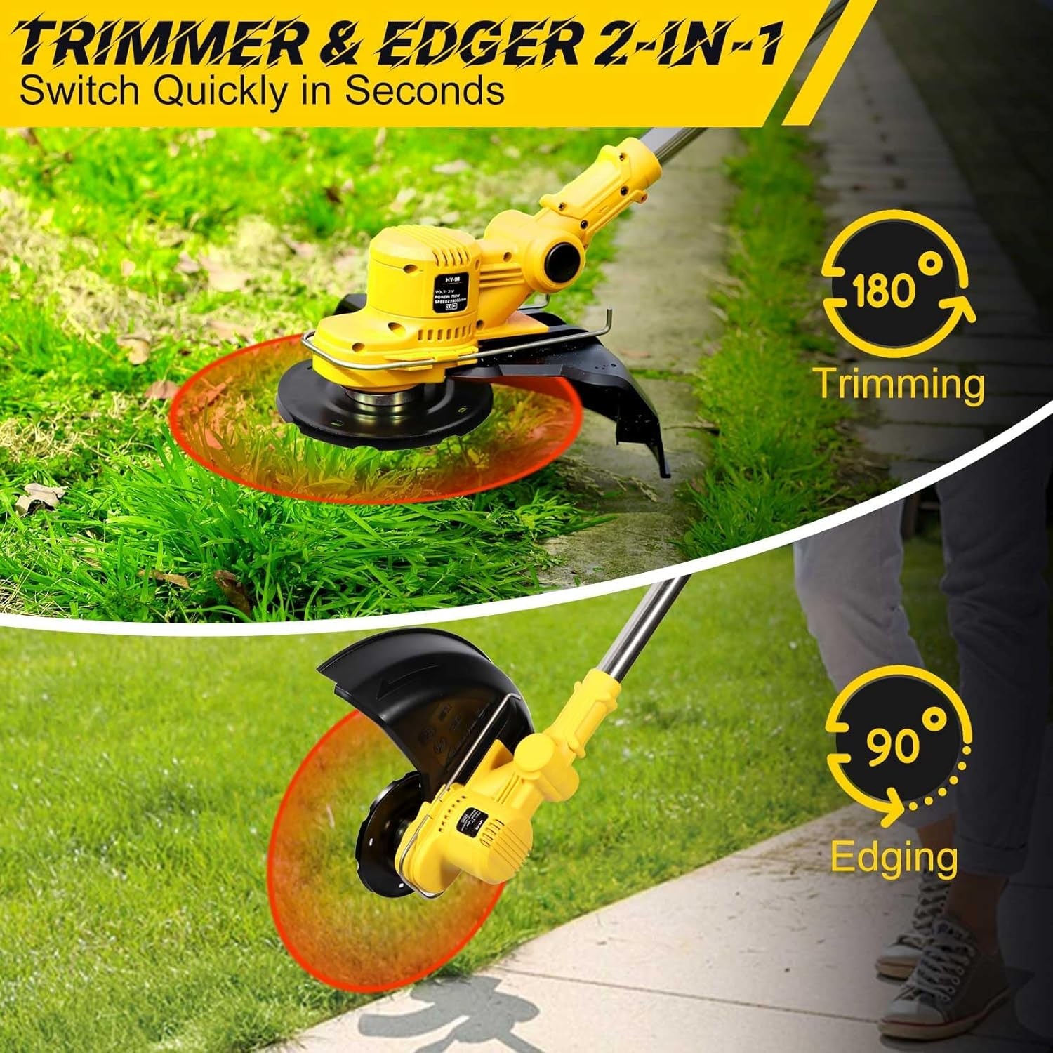 Lawn Trimmer with Battery and Weed Brush, Cordless Grass Trimmer with 5 Types of Blades, 21 V Brushless Brush Cutter Battery (2 x 4.0 Ah), Adjustable Handle, 90° Rotating Head for Garden Trimming