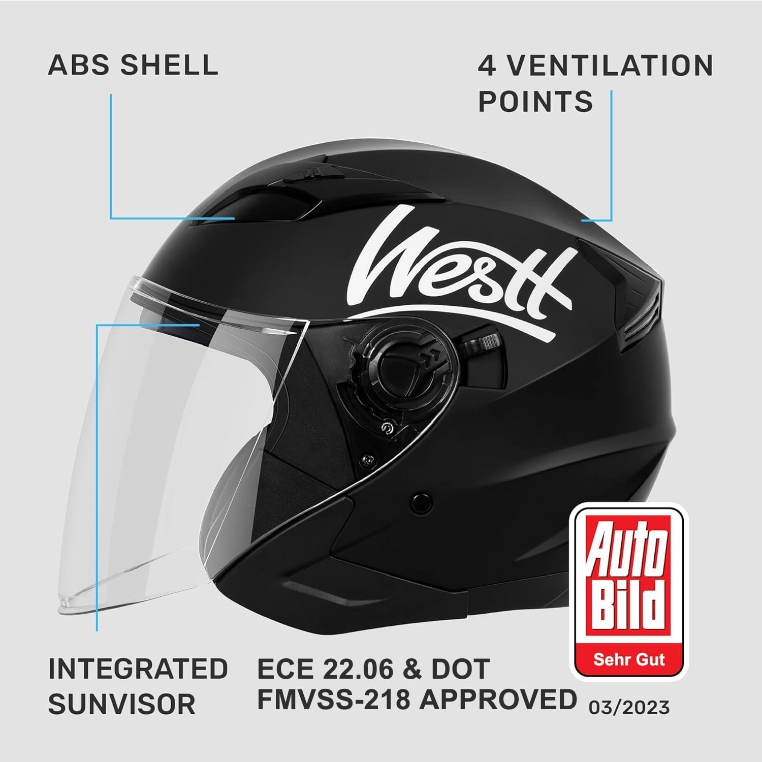 Westt Jethelm Motorradhelm mit Visier und Sonnenblende, ECE 22.06 Zertifiziert, Leichter Open-Face Helm für Roller, Moped, Mofa, Chopper – Damen & Herren