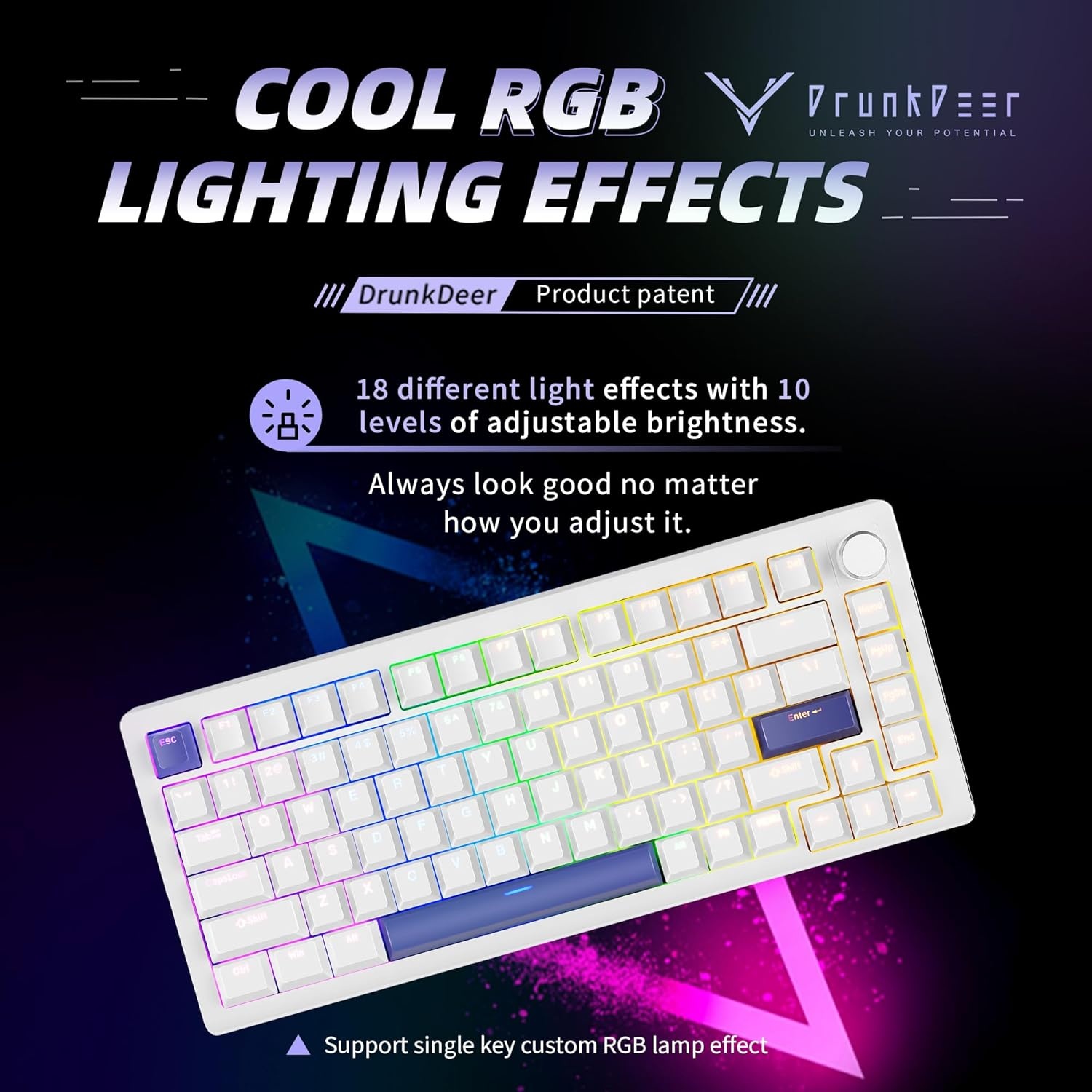 DrunkDeer A75 Rapid Trigger Magnetic Switch Gaming Keyboard 82 Keys PBT Keycap OEM Profile Double Shot USB Wired Compact 75% Layout, White