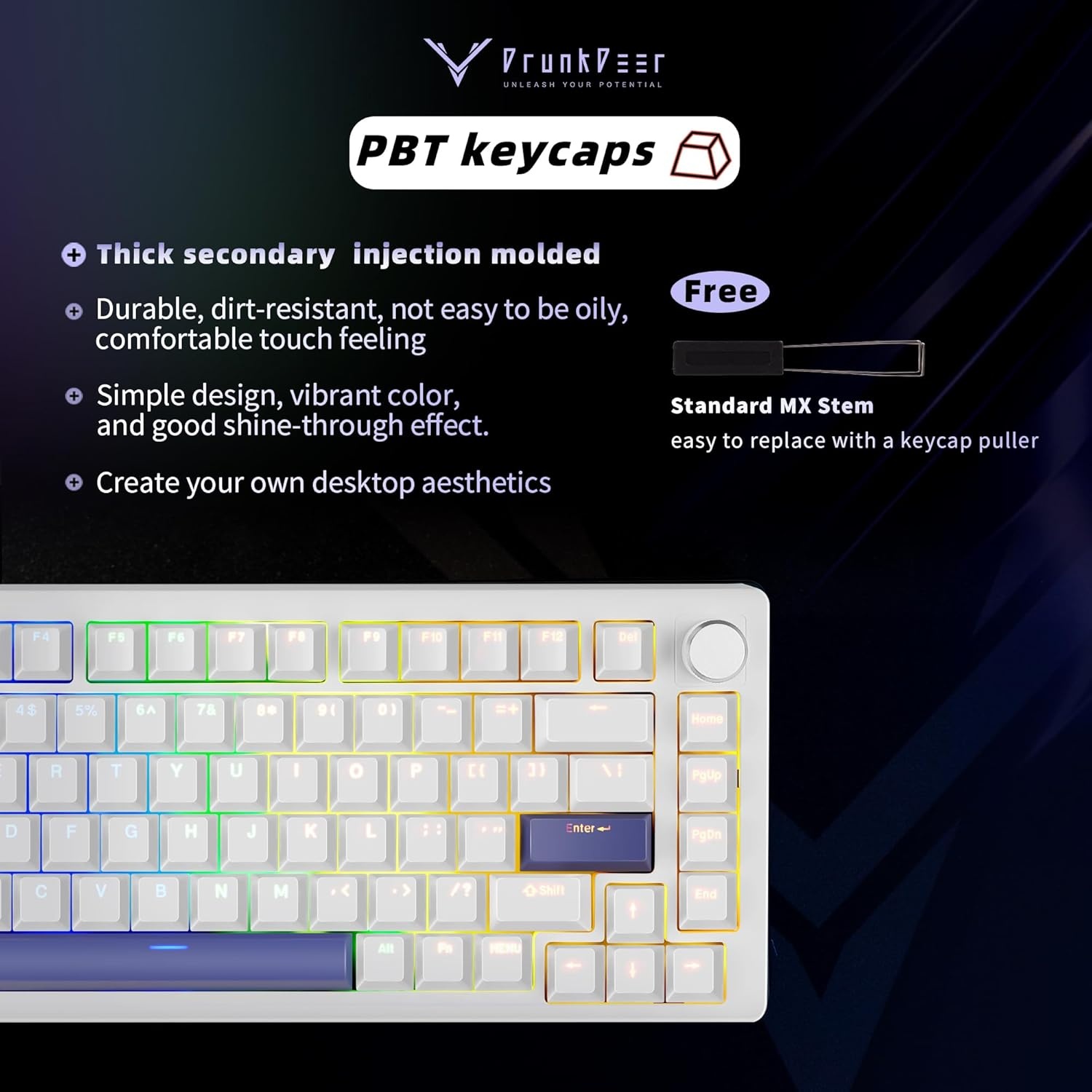 DrunkDeer A75 Rapid Trigger Magnetic Switch Gaming Keyboard 82 Keys PBT Keycap OEM Profile Double Shot USB Wired Compact 75% Layout, White