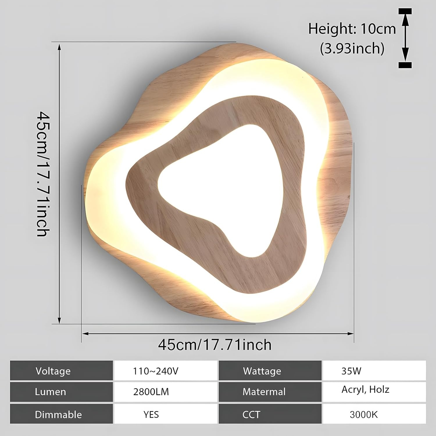 Houten LED-Plafondlamp | Ø40cm 36W 3300Lm | 3000K-6000K Dimbaar Met Afstandsbediening, Moderne Natuurlijke Houten + Acryl Wolkenlamp, Woonkamer Kind Slaapkamer Keuken Eetkamer Thuiskantoor