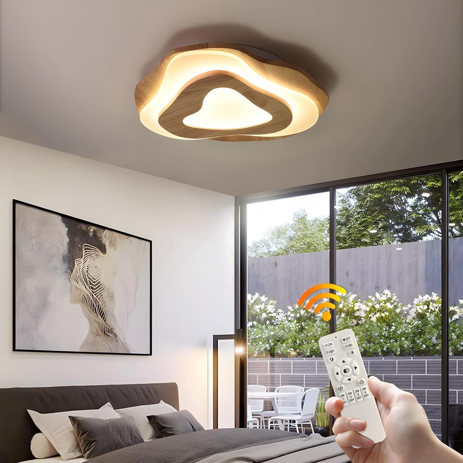 Houten LED-Plafondlamp | Ø40cm 36W 3300Lm | 3000K-6000K Dimbaar Met Afstandsbediening, Moderne Natuurlijke Houten + Acryl Wolkenlamp, Woonkamer Kind Slaapkamer Keuken Eetkamer Thuiskantoor