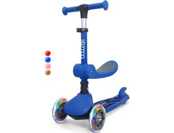 Stompa Kinderstep vanaf 2 jaar, 3-wieler met led-lichtgevende wielen en zitting, in hoogte verstelbare step, opvouwbaar, 2-in-1 driewieler voor jongens en meisjes