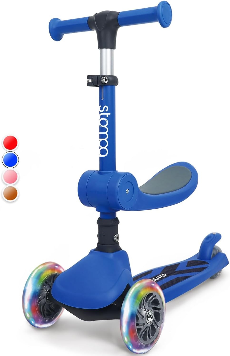 Stompa Kinderstep vanaf 2 jaar, 3-wieler met led-lichtgevende wielen en zitting, in hoogte verstelbare step, opvouwbaar, 2-in-1 driewieler voor jongens en meisjes