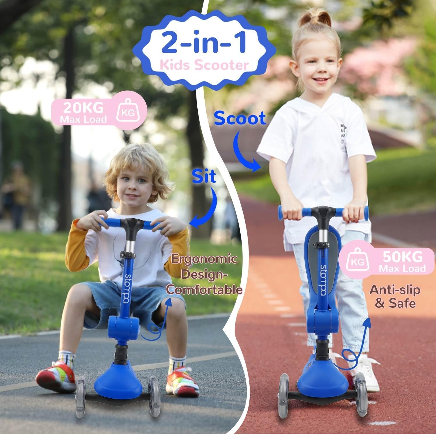 Stompa Kinderstep vanaf 2 jaar, 3-wieler met led-lichtgevende wielen en zitting, in hoogte verstelbare step, opvouwbaar, 2-in-1 driewieler voor jongens en meisjes