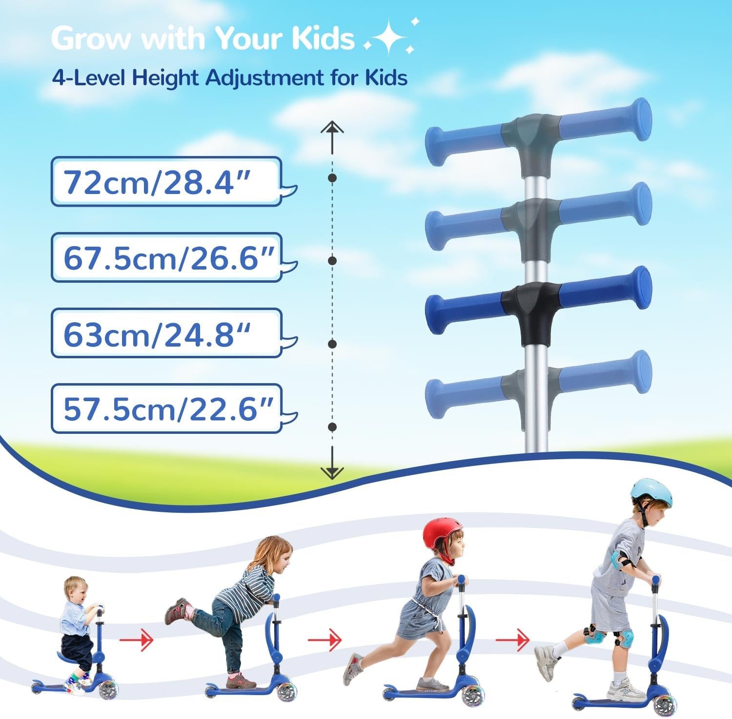 Stompa Kinderstep vanaf 2 jaar, 3-wieler met led-lichtgevende wielen en zitting, in hoogte verstelbare step, opvouwbaar, 2-in-1 driewieler voor jongens en meisjes