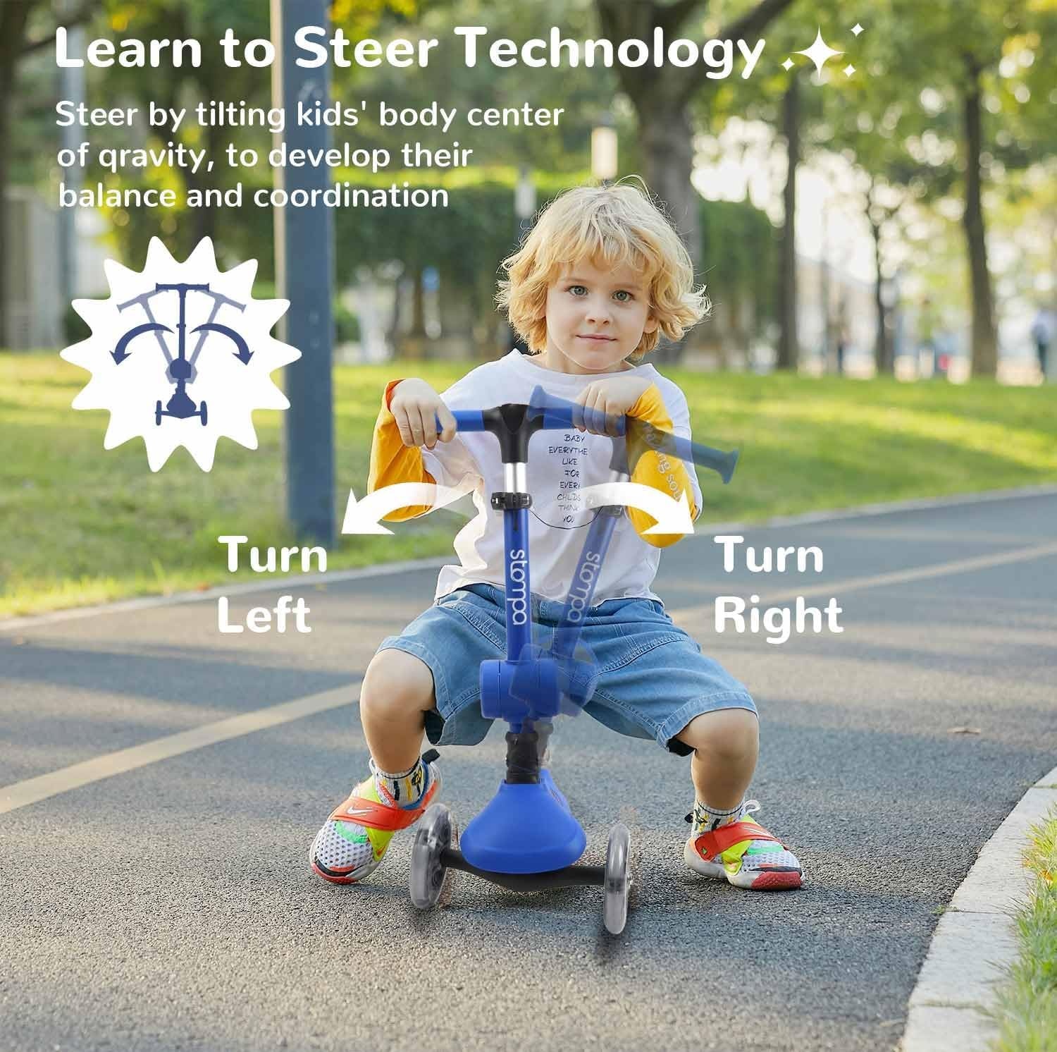 Stompa Kinderstep vanaf 2 jaar, 3-wieler met led-lichtgevende wielen en zitting, in hoogte verstelbare step, opvouwbaar, 2-in-1 driewieler voor jongens en meisjes