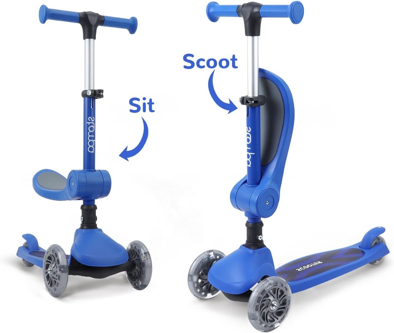 Stompa Kinderstep vanaf 2 jaar, 3-wieler met led-lichtgevende wielen en zitting, in hoogte verstelbare step, opvouwbaar, 2-in-1 driewieler voor jongens en meisjes