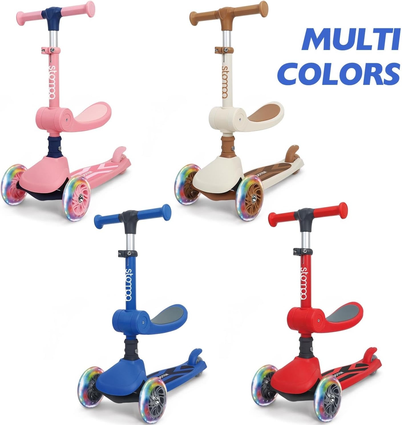 Stompa Kinderstep vanaf 2 jaar, 3-wieler met led-lichtgevende wielen en zitting, in hoogte verstelbare step, opvouwbaar, 2-in-1 driewieler voor jongens en meisjes