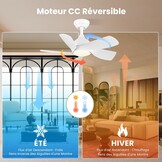 CJOY Ventilateur Plafond 76cm avec Lumières et Télécommande, Blanc Ventilateur de Plafond avec 5 Pales Réversibles, 3 Couleurs et Gradateur, 6 Vitesses, DC Réversible pour Chambre à Coucher, Salon