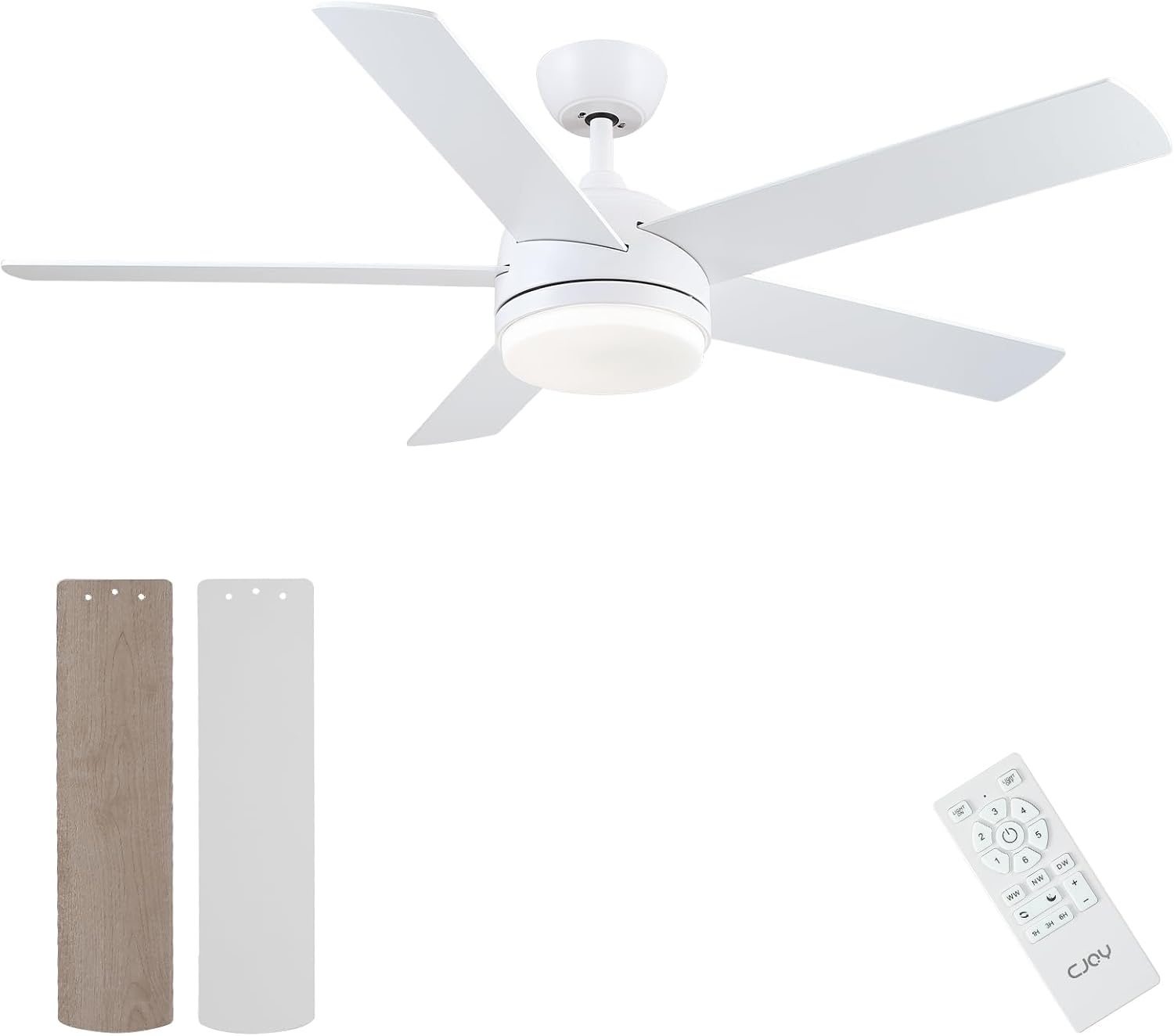 CJOY Ventilateur Plafond 76cm avec Lumières et Télécommande, Blanc Ventilateur de Plafond avec 5 Pales Réversibles, 3 Couleurs et Gradateur, 6 Vitesses, DC Réversible pour Chambre à Coucher, Salon