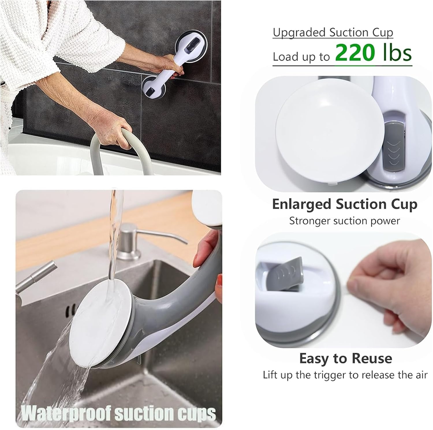 Set of 2 Support Bars for Bathroom with Suction Cup 30 cm Safety Handle No Drilling for Shower and Bathtub Non-Slip for Elderly Children Grey