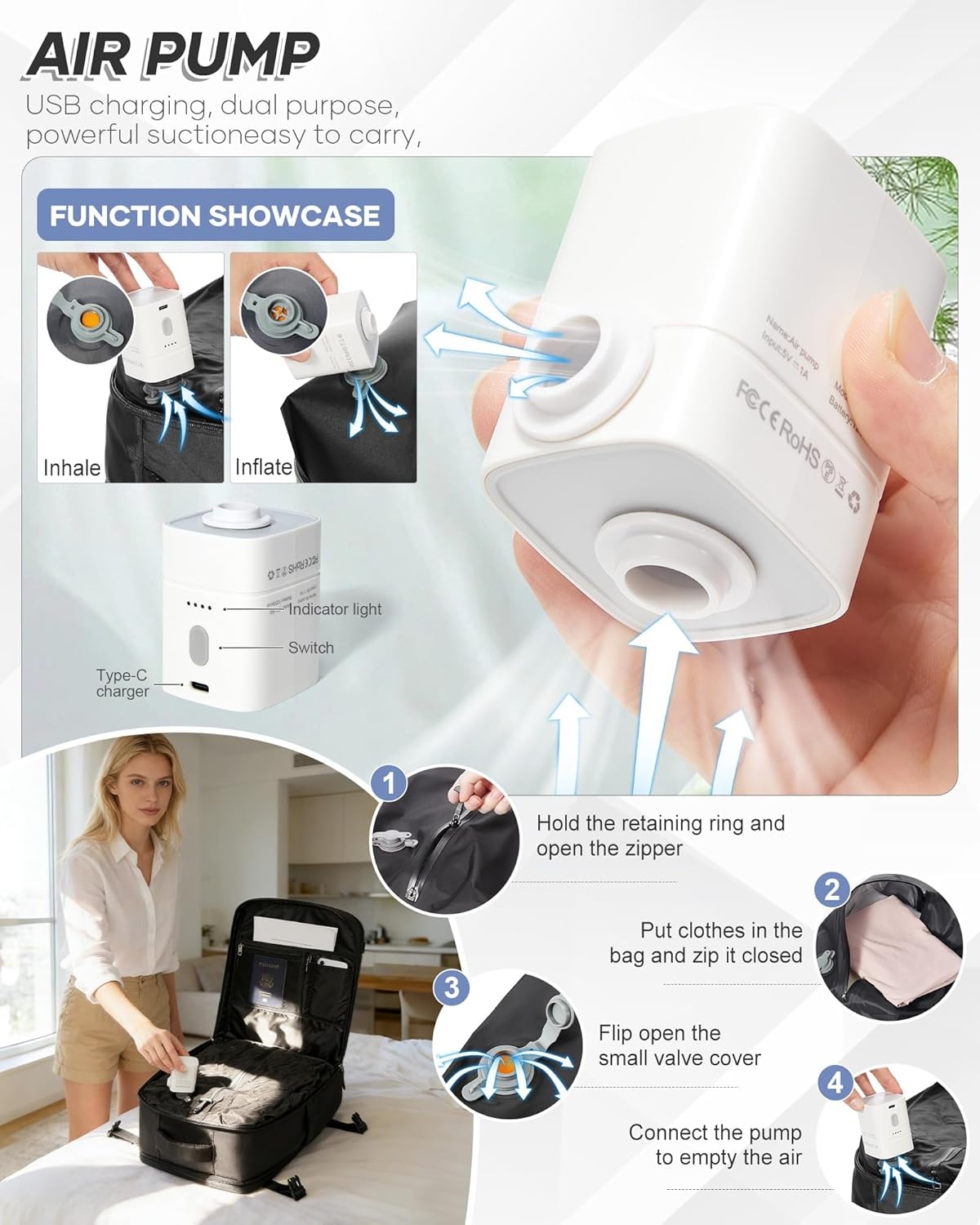 BJLFS Vacuümrugzak Handbagage met vacuümsysteem Ryanair Handbagage Reisrugzak Airbagrugzak met vacuümpomp Dames 14 inch Laptoptas