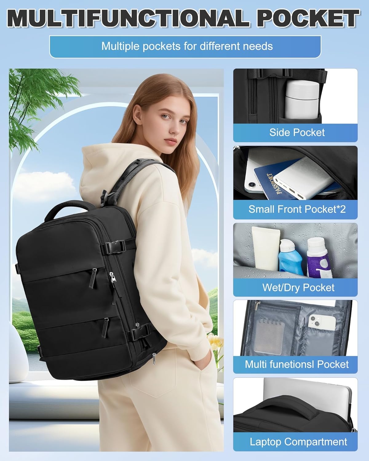 BJLFS Vacuümrugzak Handbagage met vacuümsysteem Ryanair Handbagage Reisrugzak Airbagrugzak met vacuümpomp Dames 14 inch Laptoptas