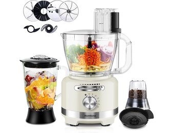 Homtone 10-in-1 elektrische keukenmachine, 1000 W, glazen mixer 1,5 l, 3 l kom, snijden, hakken, raspen, mixen, pureren, deeg, 6 instellingen, thuisgebruik, wit