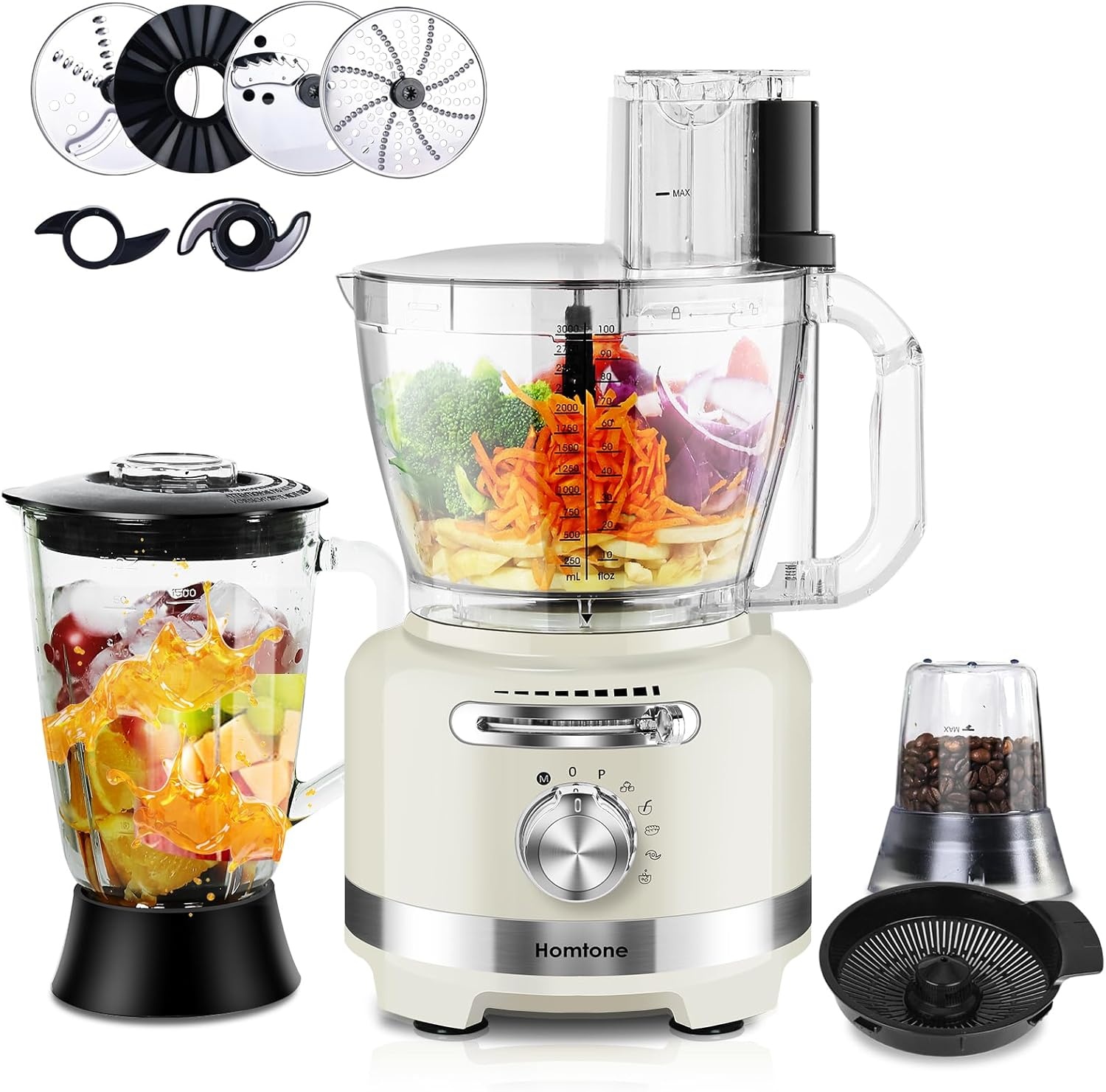 Homtone 10-in-1 elektrische keukenmachine, 1000 W, glazen mixer 1,5 l, 3 l kom, snijden, hakken, raspen, mixen, pureren, deeg, 6 instellingen, thuisgebruik, wit