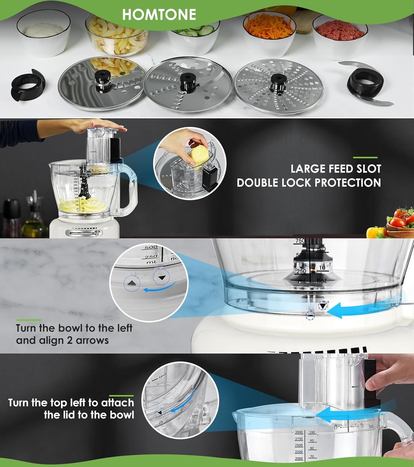 Homtone 10-in-1 elektrische keukenmachine, 1000 W, glazen mixer 1,5 l, 3 l kom, snijden, hakken, raspen, mixen, pureren, deeg, 6 instellingen, thuisgebruik, wit