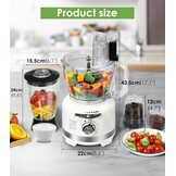 Homtone 10-in-1 elektrische keukenmachine, 1000 W, glazen mixer 1,5 l, 3 l kom, snijden, hakken, raspen, mixen, pureren, deeg, 6 instellingen, thuisgebruik, wit