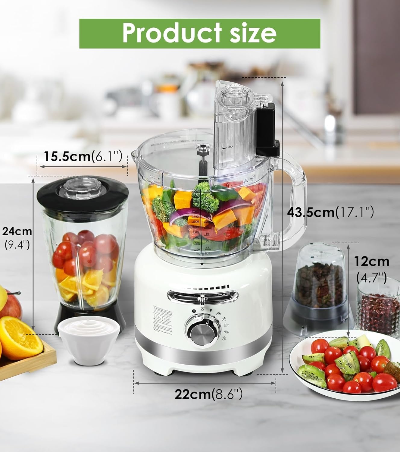 Homtone 10-in-1 elektrische keukenmachine, 1000 W, glazen mixer 1,5 l, 3 l kom, snijden, hakken, raspen, mixen, pureren, deeg, 6 instellingen, thuisgebruik, wit