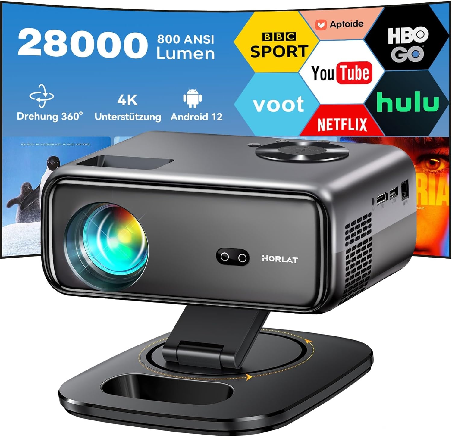 HORLAT 4K Beamer | WiFi 6 | 28000lm | Full HD | 35% Korting