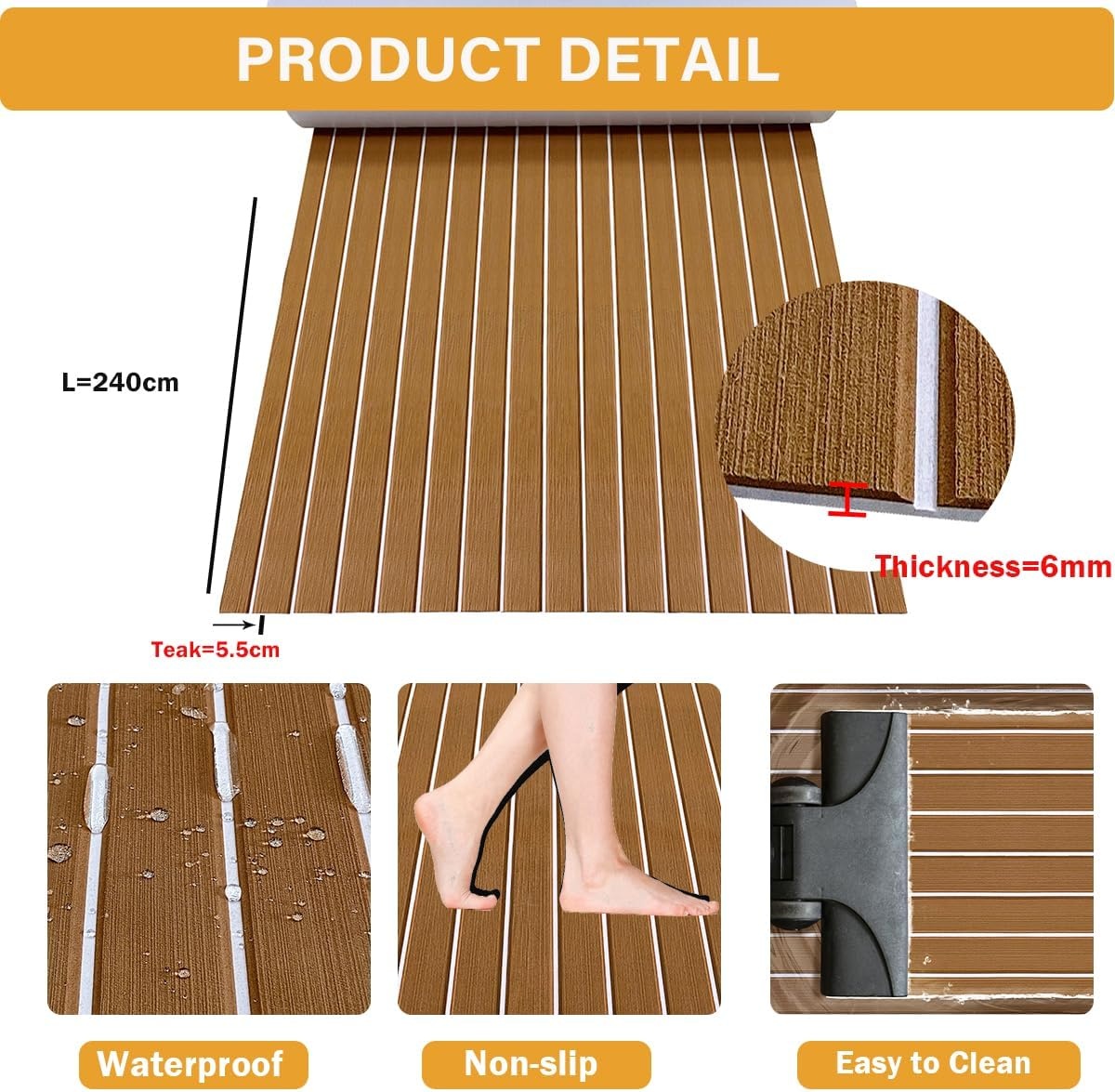 EVA Bootmat Zelfklevend - 240x90cm Teak Hout (Brown+White) - 30% Korting