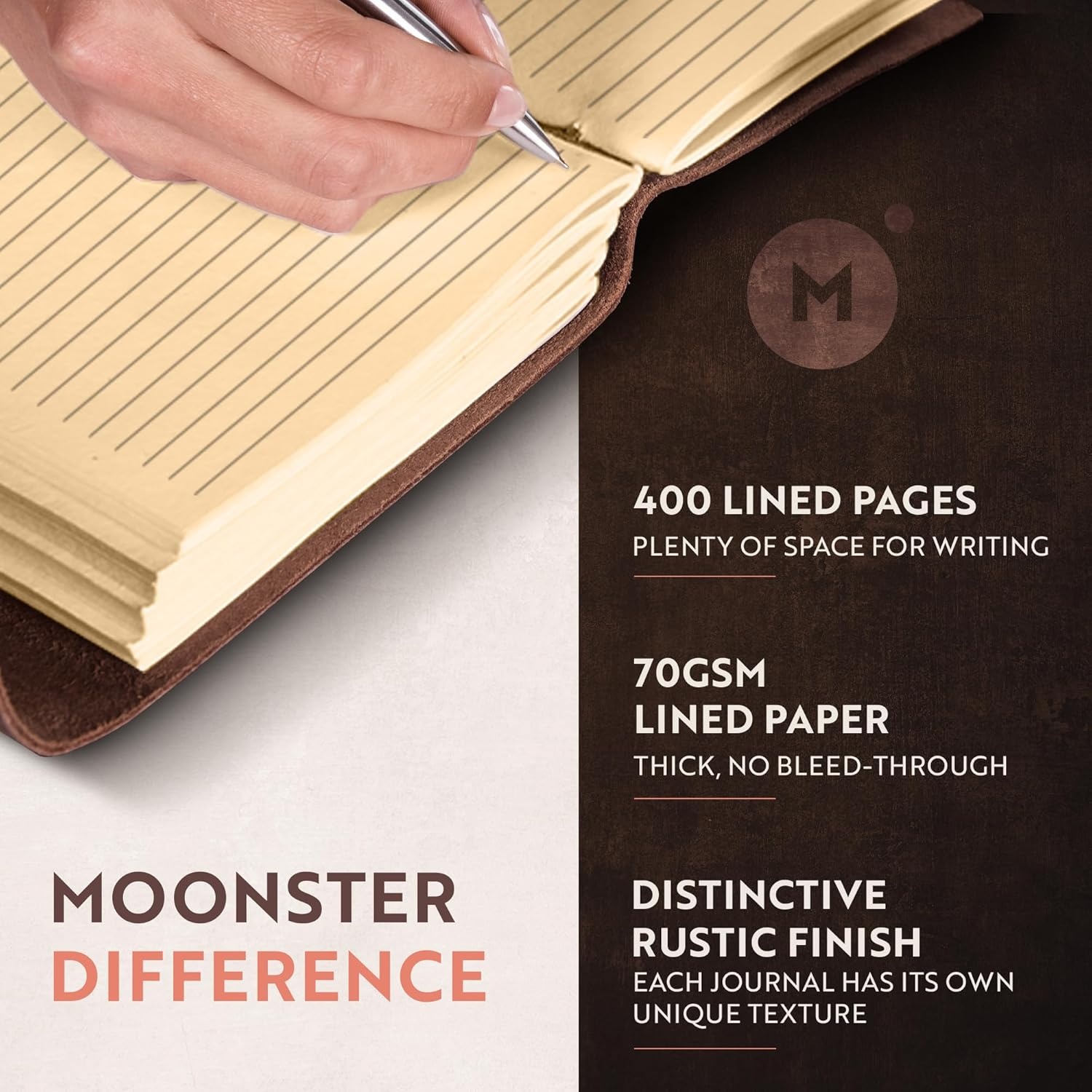 MOONSTER Leren Dagboek 400 Pagina's - Handgemaakt & Gelieerd | 30% Korting