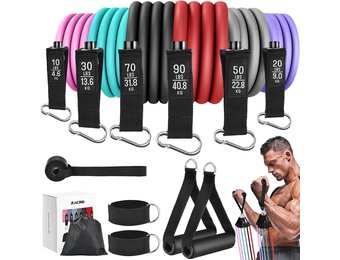 Zacro Weerstandsbandenset, 6 fitnessbanden, set van 6 weerstandsbanden, fitnessband met handvat, enkelriem, deurankerbevestiging, draagtas, fitnessbanden voor krachttraining en fysiotherapie