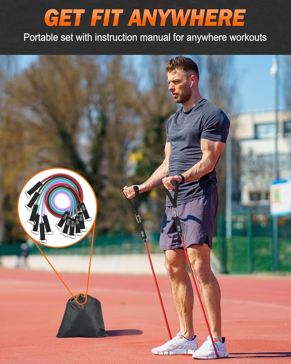 Zacro Weerstandsbandenset, 6 fitnessbanden, set van 6 weerstandsbanden, fitnessband met handvat, enkelriem, deurankerbevestiging, draagtas, fitnessbanden voor krachttraining en fysiotherapie