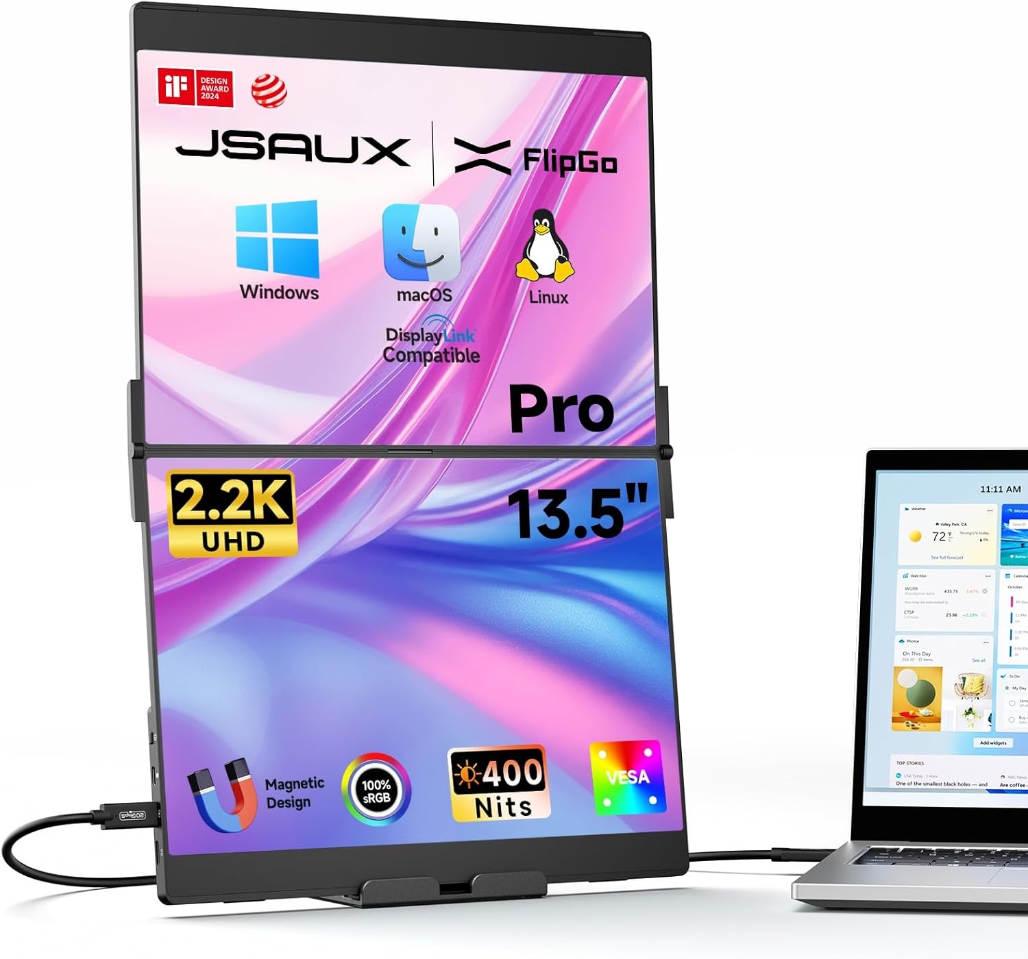 JSAUX FlipGo Pro 13,5 inch Dual Laptop Screen Extender, 2.2K Triple Laptop Monitor Extender, Draagbare IPS Dual-Screen Monitor Compatibel met Windows/MacOS/Linux, Magnetisch ontwerp, DisplayLink