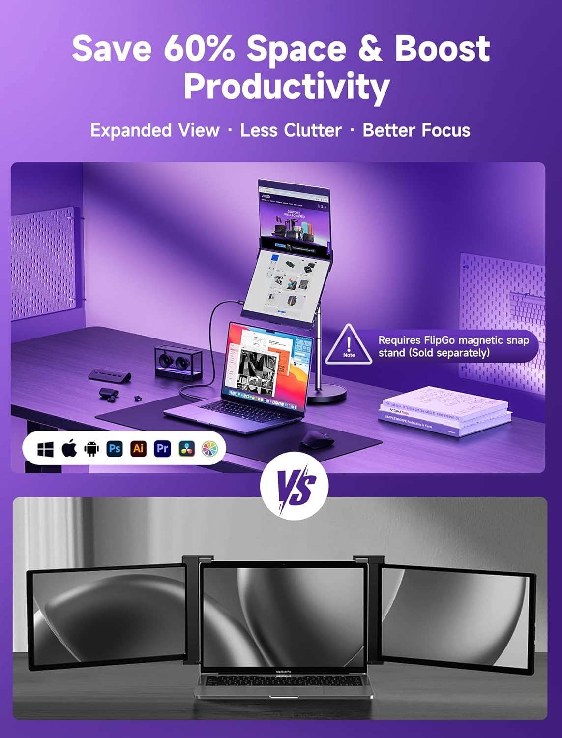 JSAUX FlipGo Pro 13,5 inch Dual Laptop Screen Extender, 2.2K Triple Laptop Monitor Extender, Draagbare IPS Dual-Screen Monitor Compatibel met Windows/MacOS/Linux, Magnetisch ontwerp, DisplayLink