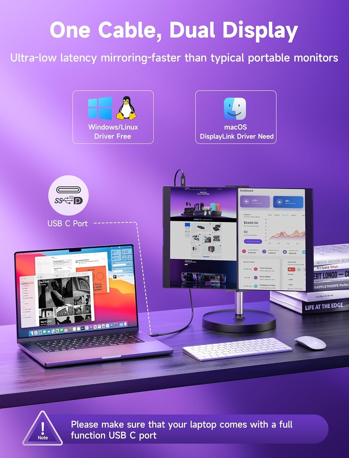 JSAUX FlipGo Pro 13,5 inch Dual Laptop Screen Extender, 2.2K Triple Laptop Monitor Extender, Draagbare IPS Dual-Screen Monitor Compatibel met Windows/MacOS/Linux, Magnetisch ontwerp, DisplayLink