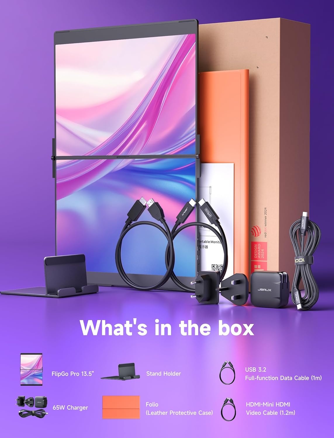 JSAUX FlipGo Pro 13,5 inch Dual Laptop Screen Extender, 2.2K Triple Laptop Monitor Extender, Draagbare IPS Dual-Screen Monitor Compatibel met Windows/MacOS/Linux, Magnetisch ontwerp, DisplayLink