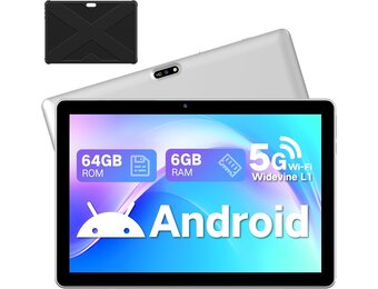 Tablet 10,1 inch Android 13 tablet met hoes, 6 GB RAM + 64 GB geheugen (1 TB uitbreidbaar), 1280 x 800 HD IPS-display, Widevine L1, 8 MP + 5 MP camera, wifi, 5000 mAh accu, Type-C, Bluetooth