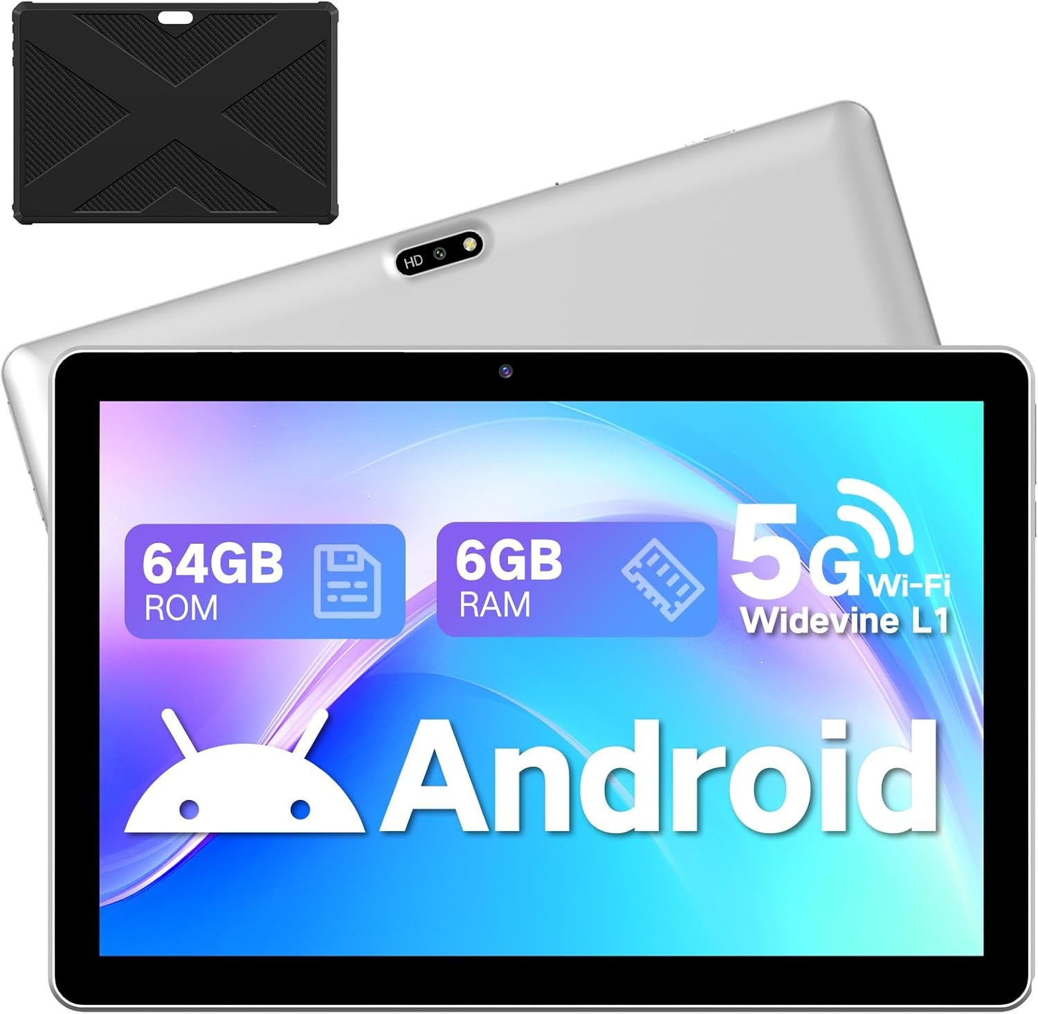 Tablet 10,1 inch Android 13 tablet met hoes, 6 GB RAM + 64 GB geheugen (1 TB uitbreidbaar), 1280 x 800 HD IPS-display, Widevine L1, 8 MP + 5 MP camera, wifi, 5000 mAh accu, Type-C, Bluetooth