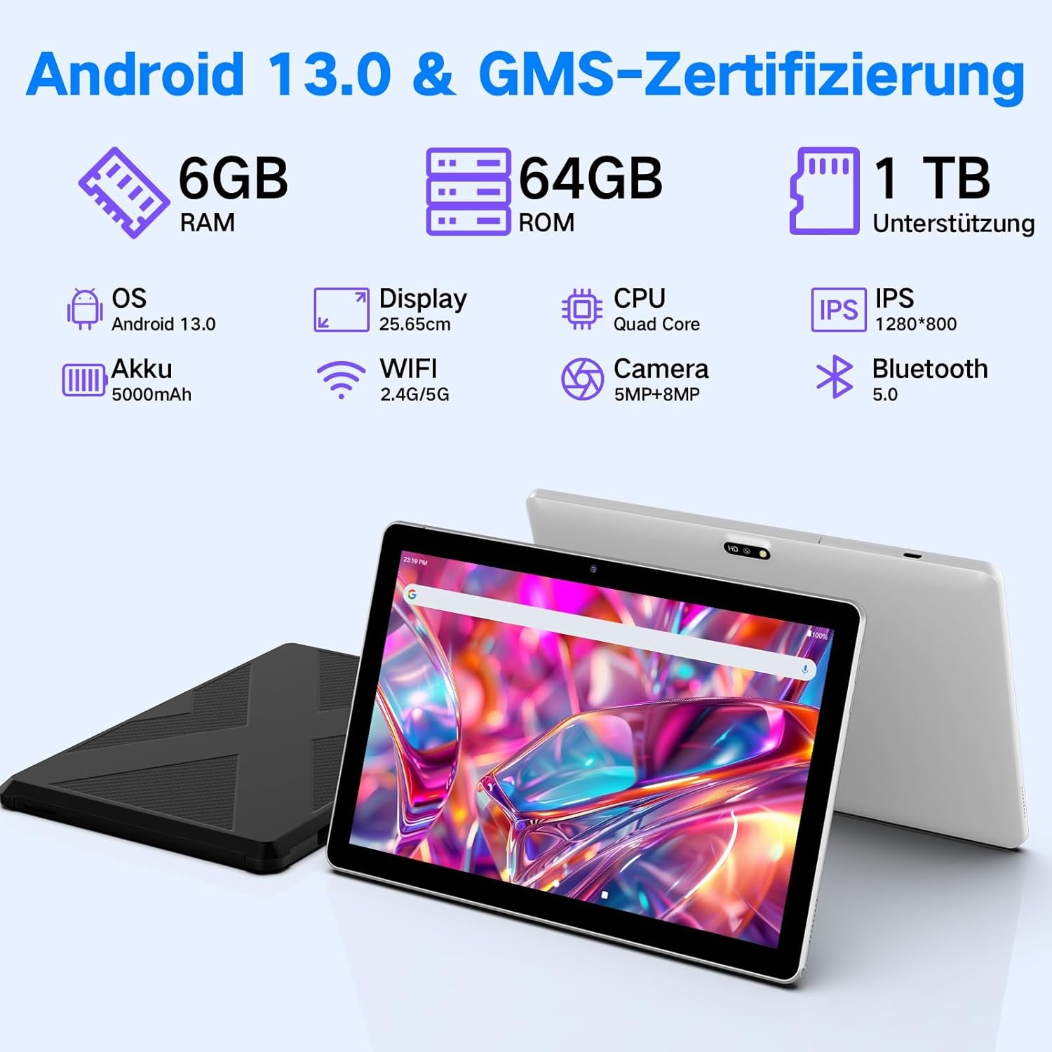 Tablet 10,1 inch Android 13 tablet met hoes, 6 GB RAM + 64 GB geheugen (1 TB uitbreidbaar), 1280 x 800 HD IPS-display, Widevine L1, 8 MP + 5 MP camera, wifi, 5000 mAh accu, Type-C, Bluetooth