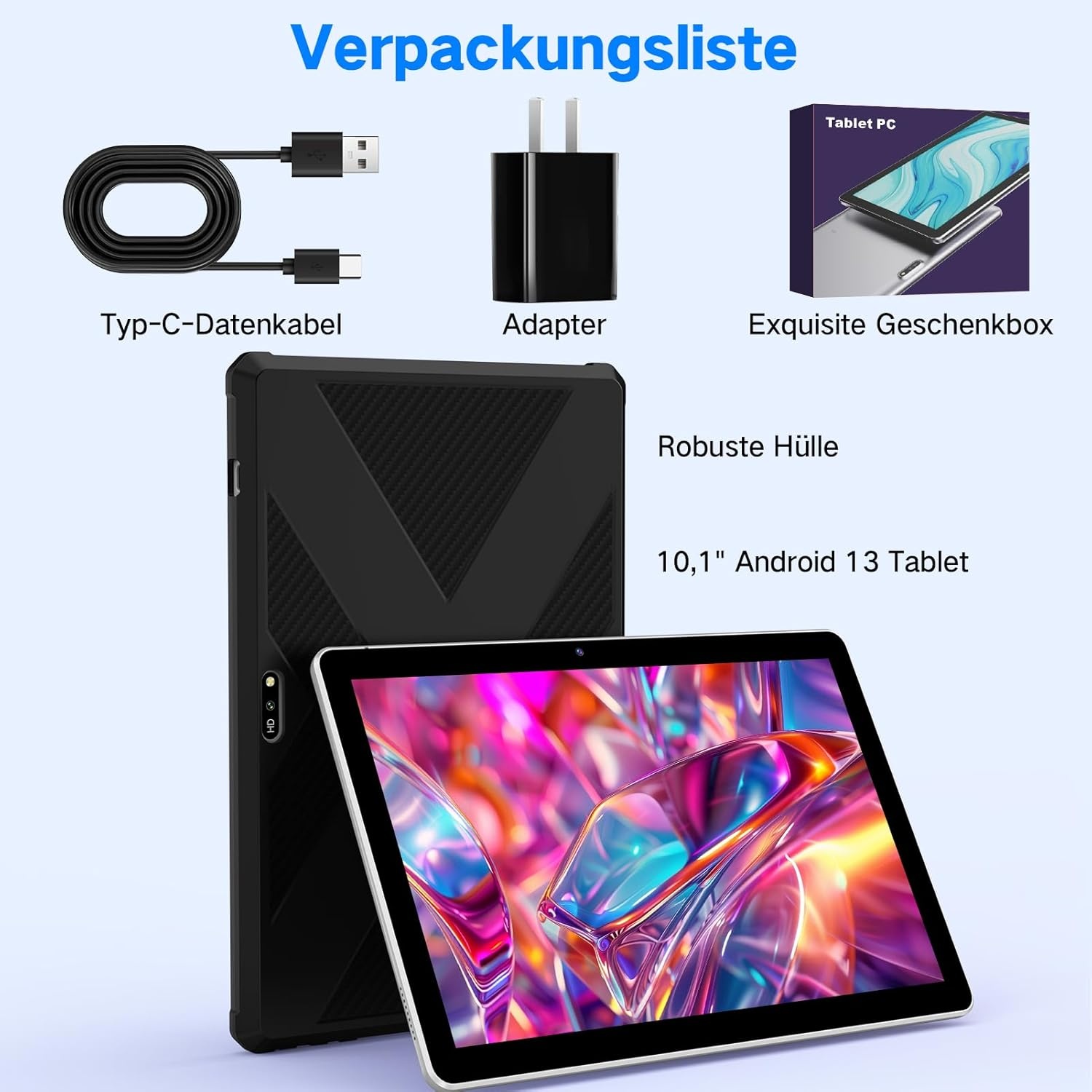 Tablet 10,1 inch Android 13 tablet met hoes, 6 GB RAM + 64 GB geheugen (1 TB uitbreidbaar), 1280 x 800 HD IPS-display, Widevine L1, 8 MP + 5 MP camera, wifi, 5000 mAh accu, Type-C, Bluetooth