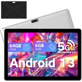 Tablet 10,1 inch Android 13 tablet met hoes, 6 GB RAM + 64 GB geheugen (1 TB uitbreidbaar), 1280 x 800 HD IPS-display, Widevine L1, 8 MP + 5 MP camera, wifi, 5000 mAh accu, Type-C, Bluetooth