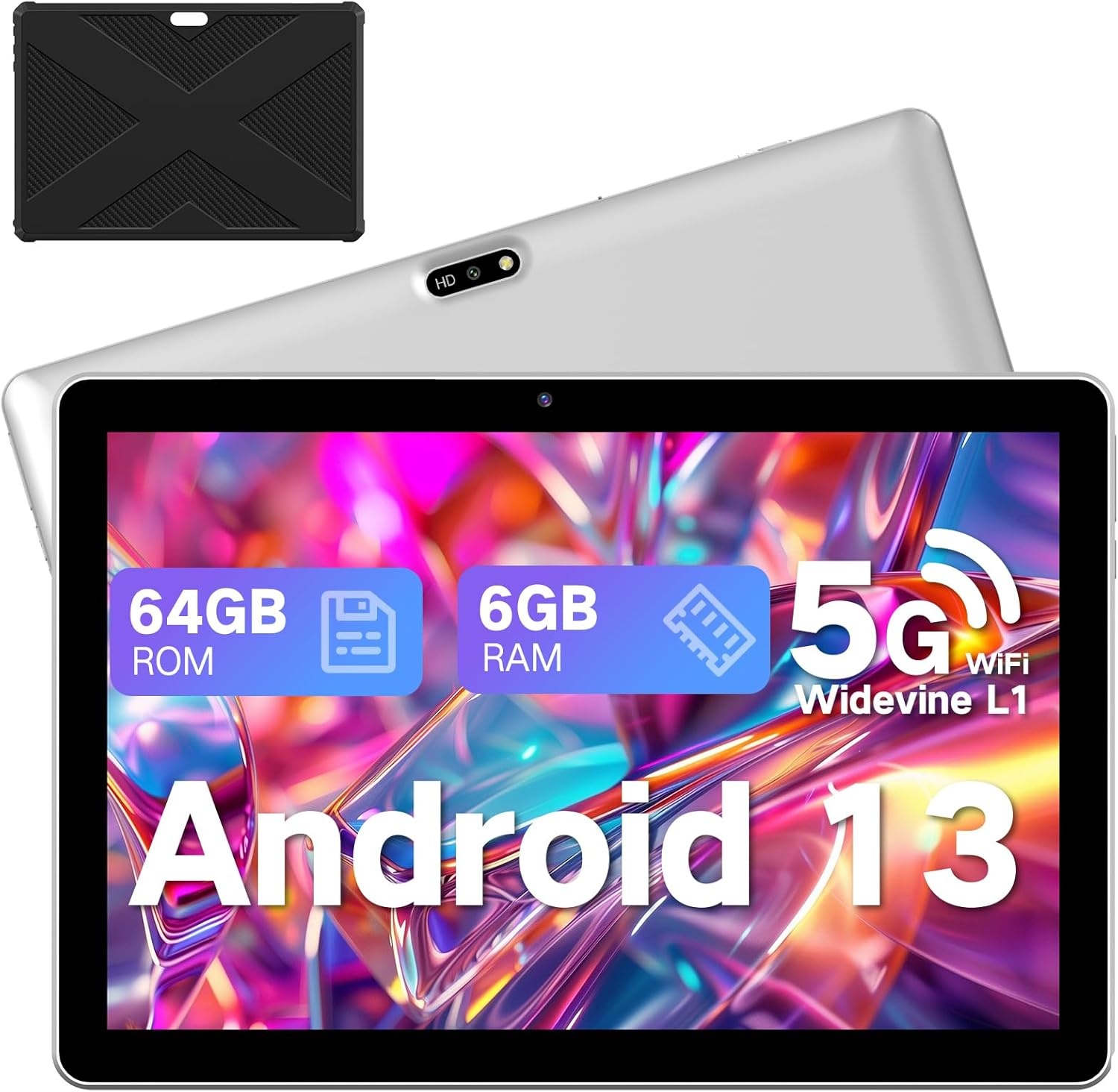 Tablet 10,1 inch Android 13 tablet met hoes, 6 GB RAM + 64 GB geheugen (1 TB uitbreidbaar), 1280 x 800 HD IPS-display, Widevine L1, 8 MP + 5 MP camera, wifi, 5000 mAh accu, Type-C, Bluetooth