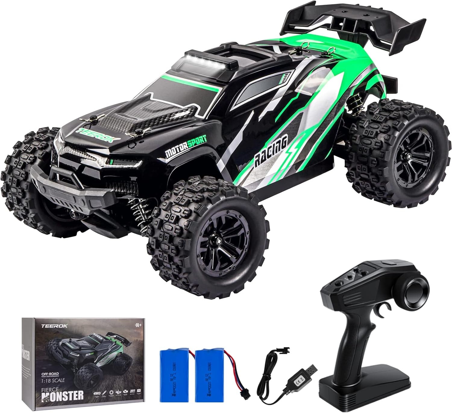TEEROK Ferngesteuertes Auto Offroad, 1:18 4WD 38KM/H RC Auto, 2 Akku 60 Minuten Laufzeit,All Terrain RC Crawler, Outdoor Spielzeug Geschenk für Kinder Jungen und Erwachsene,Grün