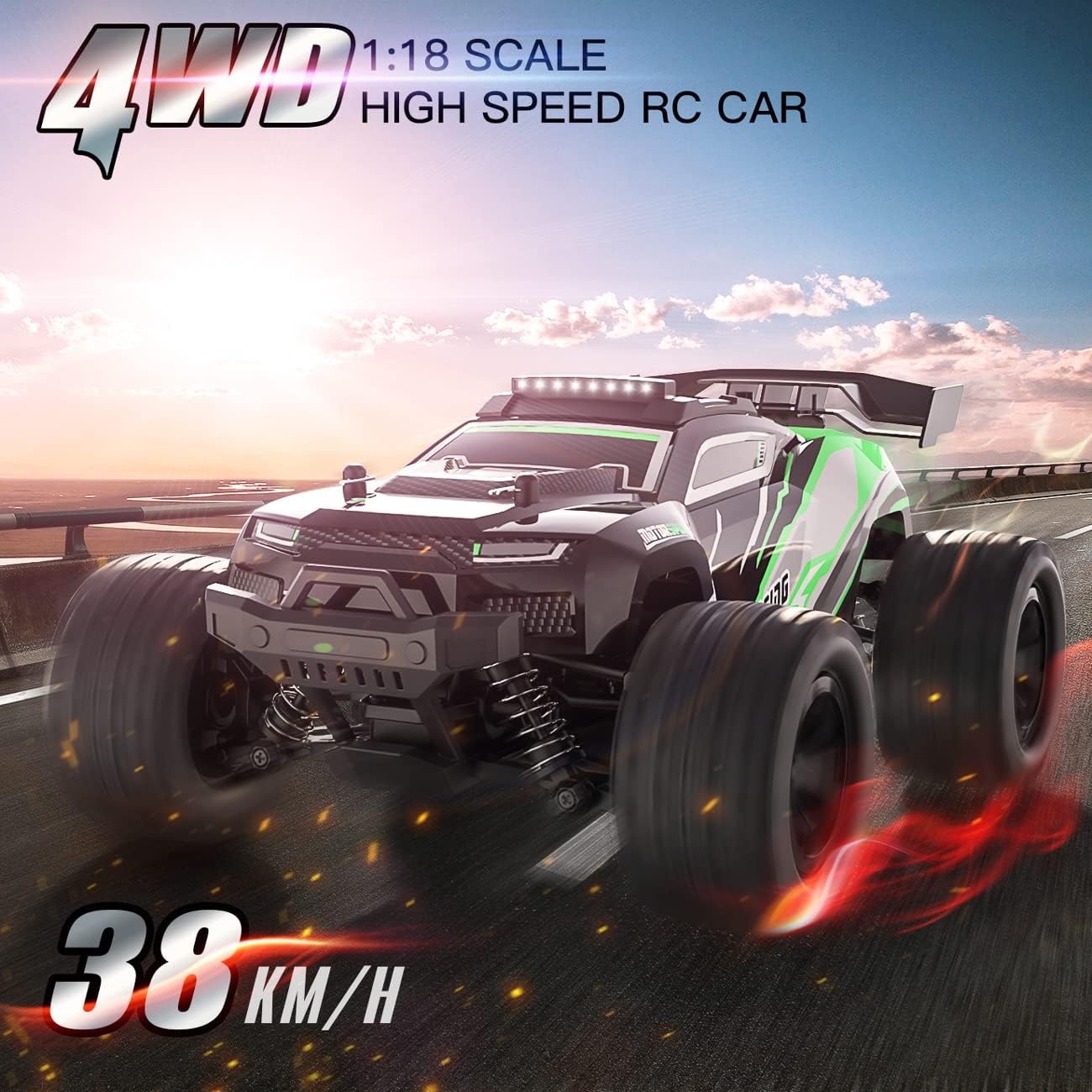 TEEROK Ferngesteuertes Auto Offroad, 1:18 4WD 38KM/H RC Auto, 2 Akku 60 Minuten Laufzeit,All Terrain RC Crawler, Outdoor Spielzeug Geschenk für Kinder Jungen und Erwachsene,Grün