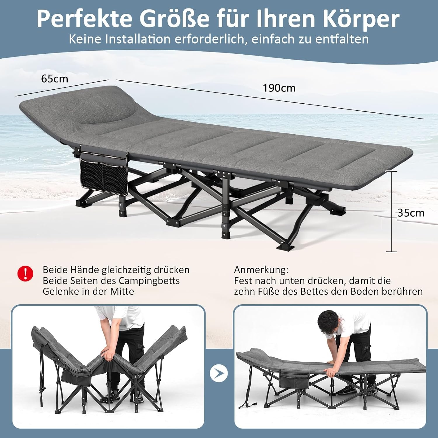 Campingbed, veldbed, inklapbaar, logeerbed, tot 200 kg, voor indoor, outdoor en tuin