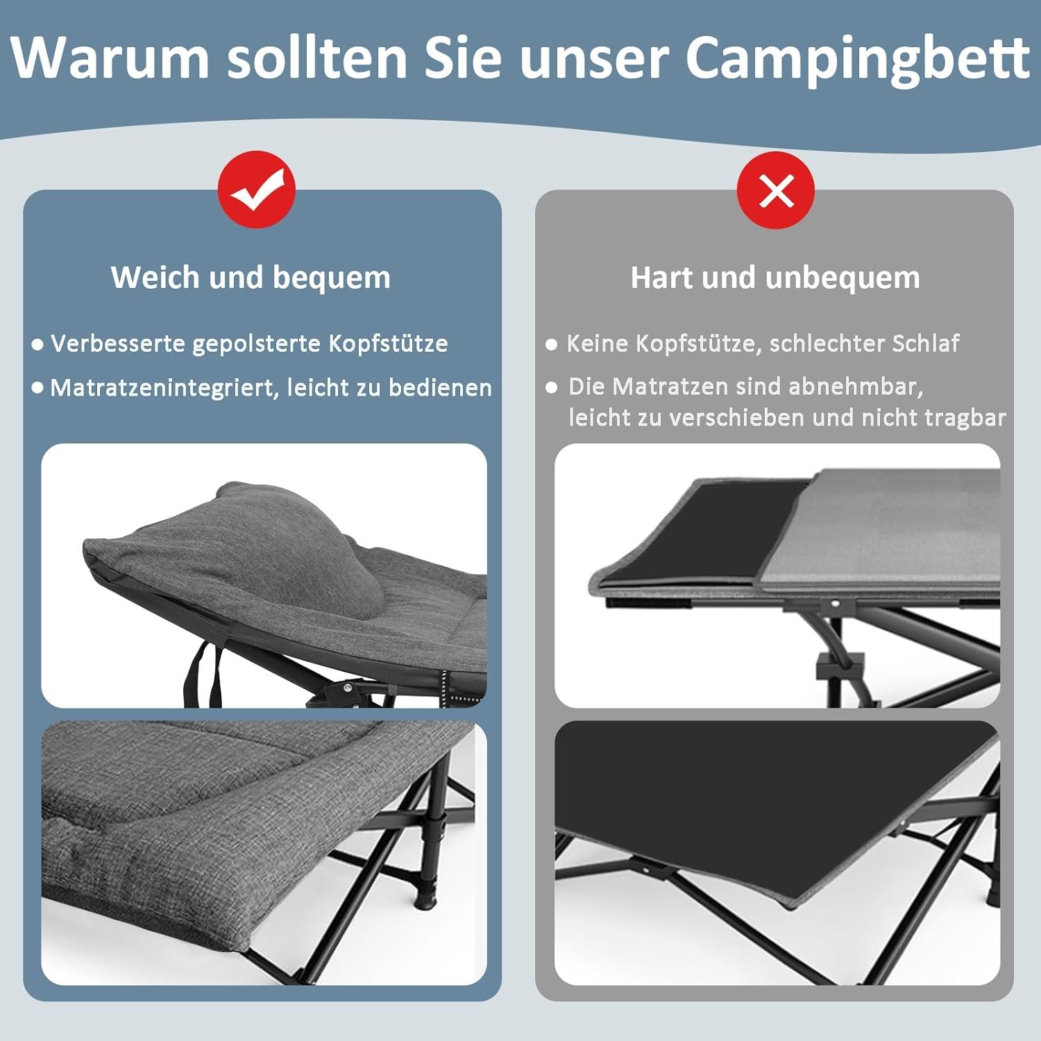 Campingbed, veldbed, inklapbaar, logeerbed, tot 200 kg, voor indoor, outdoor en tuin