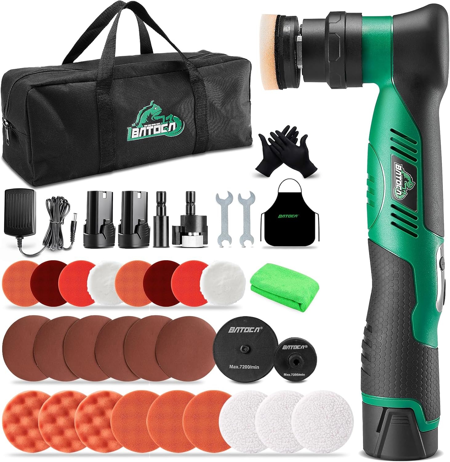 BATOCA S5 Minipolijstmachine met accu, rotatiepolijstmachine, excentrische polijstmachine, autopolijstmachine met 2 x 2,0 Ah accu, poetsmachine, voor auto-detailing, koplamp-behandelingsset