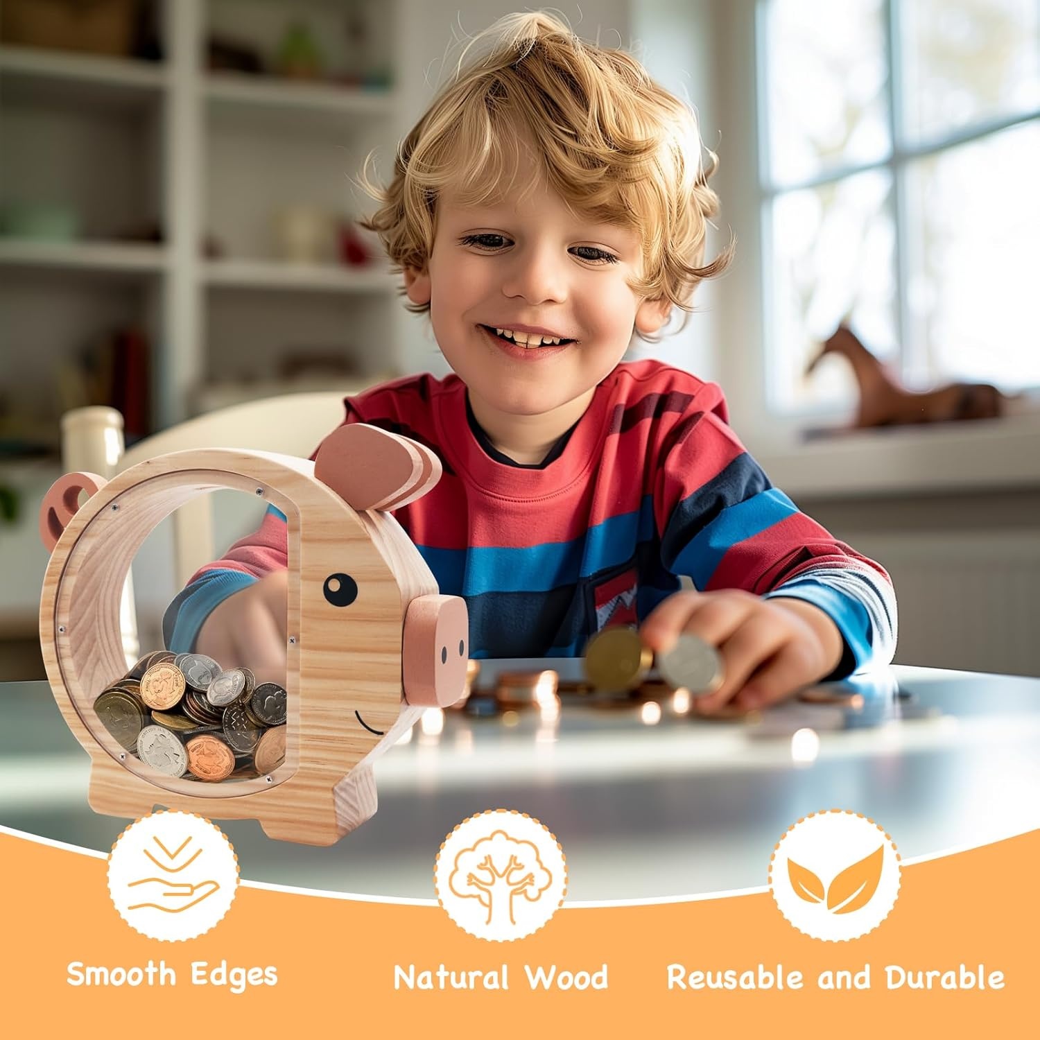 Wooden Piggy Bank - Non-Toxic and Durable Kids Savings Toy, Personalized Gift, Perfect for Birthday, Christmas, Children's Day