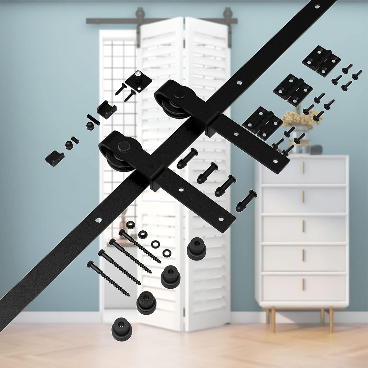 TSMST Klapdeur schuifdeursysteem, 100 cm, complete set, ruimtebesparende schuurdeur, spoorset voor 2 deuren, glad en rustig (zonder deur)