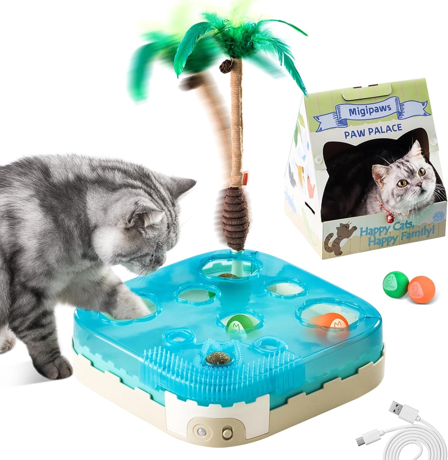 Migipaws 7-in-1 Interactive Automatic Cat Toy - Ultimate Indoor Cat Toy with Motion Sensor, LED Night Mode, Teaser Staff, Catnip Ball and Foam Balls for Bored Cats