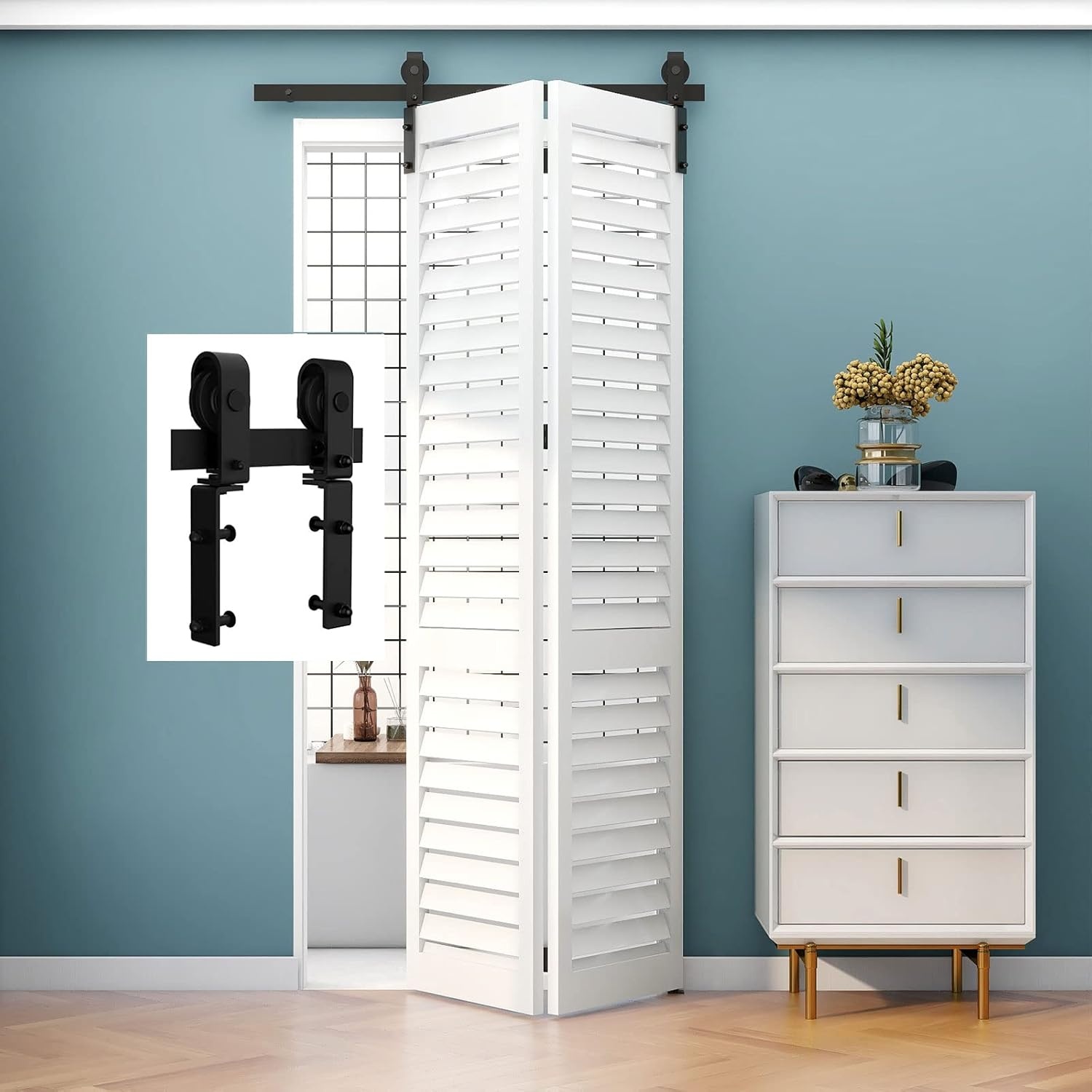 TSMST Klapdeur schuifdeursysteem, 100 cm, complete set, ruimtebesparende schuurdeur, spoorset voor 2 deuren, glad en rustig (zonder deur)